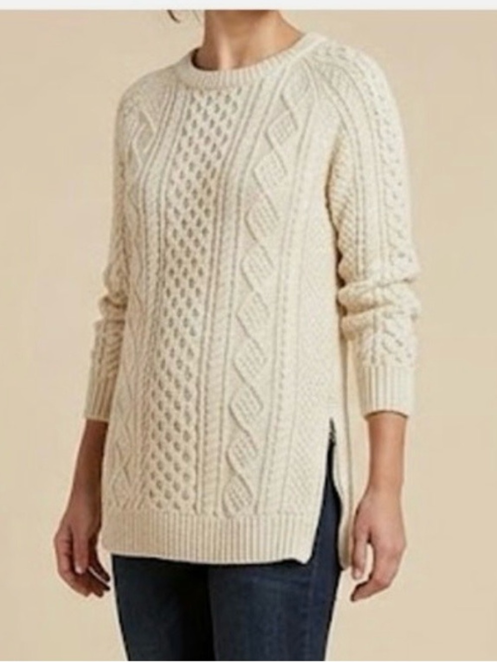 LL Bean Signature Women Medium Ivory Cable Fisherman Knit Sweater Side Zip